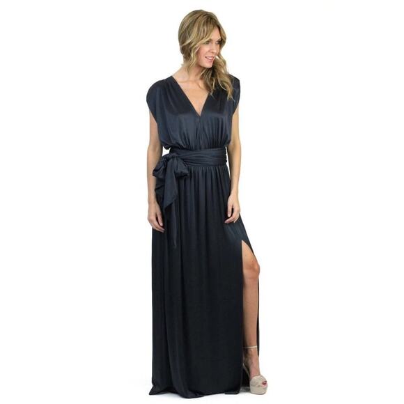 Halston Heritage Black Plunge Gown Metallic Wrap Belted Jersey Maxi Formal Prom - Picture 6 of 7